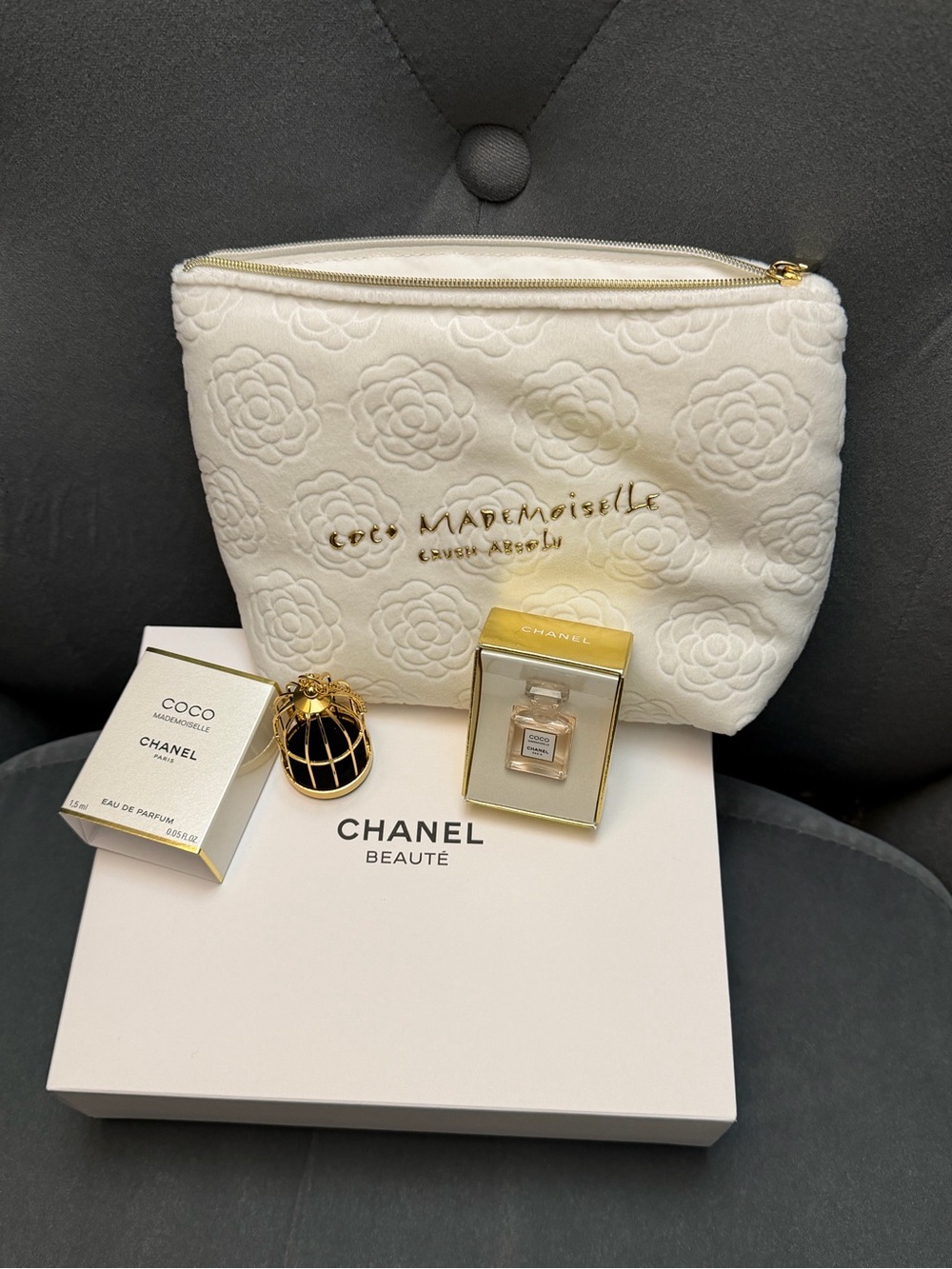 CHANEL White Quilted Camellia Cosmetic Pouch with Gold Logo + Perfume + Cage